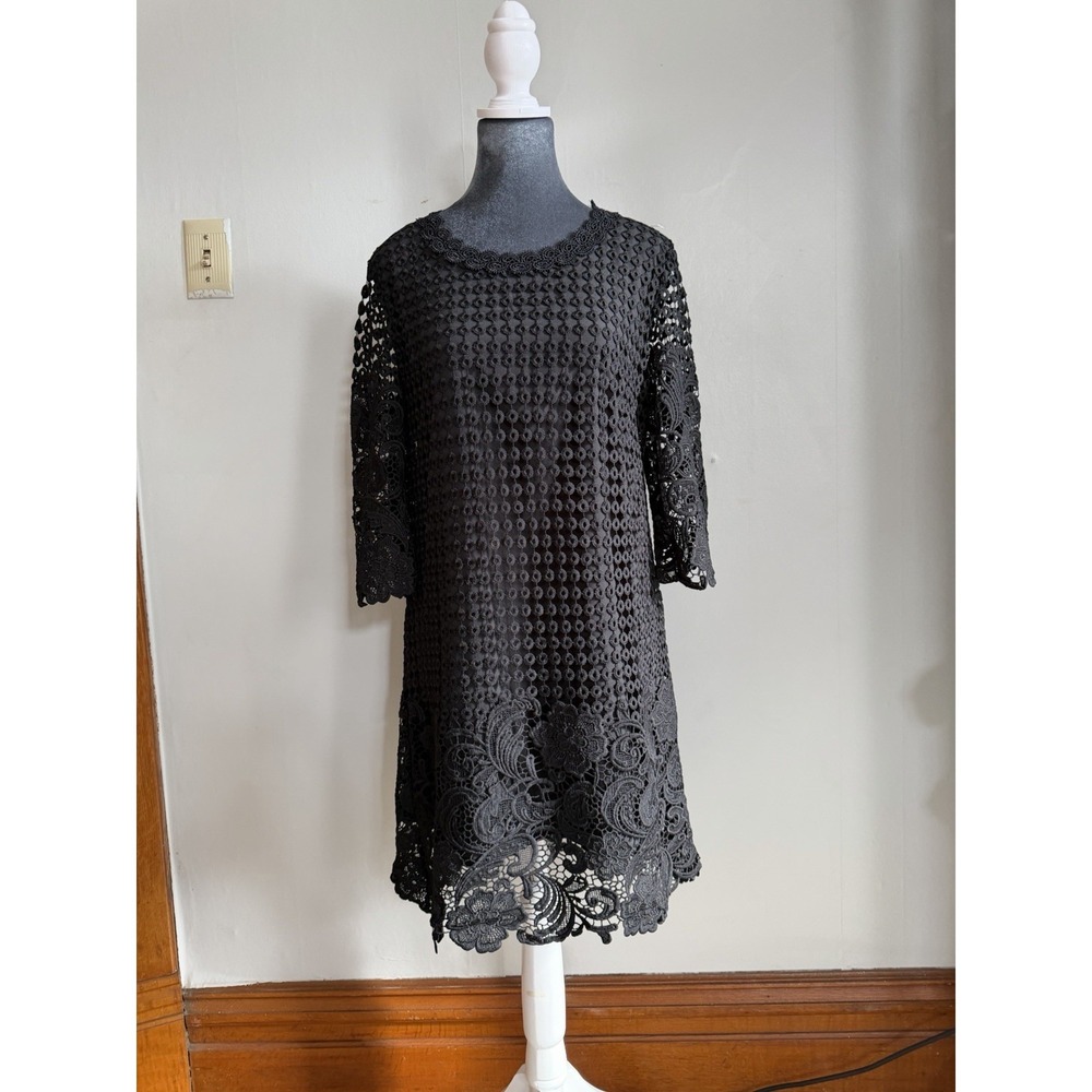 NWT Black Crochet Short Lace Layered Dress Eyelet Scalloped Shift Boho Timeless